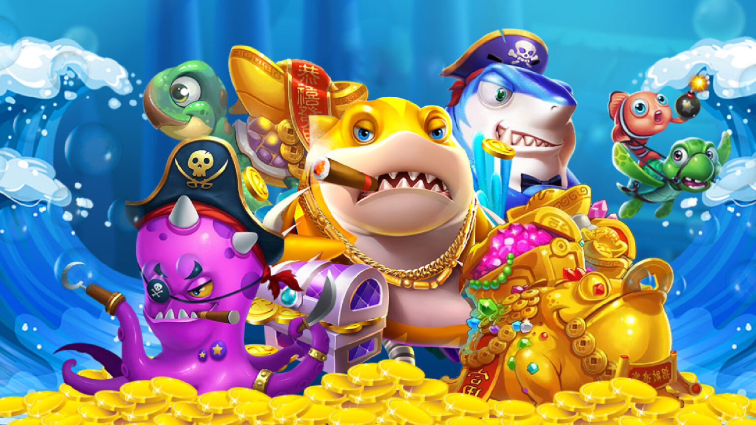 หน้าจอเกมยิงปลาพร้อมเป้าหมายใต้น้ำใน dk7